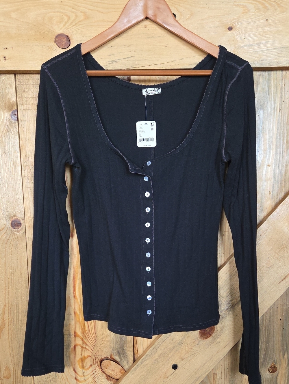 Free People Black Long-Sleeve Scoop Neck Button-Up Top